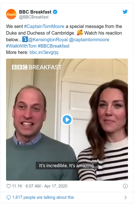 Twitter post by @BBCBreakfast: We sent #CaptainTomMoore a special message from the Duke and Duchess of Cambridge. 🥰 Watch his reaction below...⤵️@KensingtonRoyal @captaintommoore #WalkWithTom #BBCBreakfastMore here   
